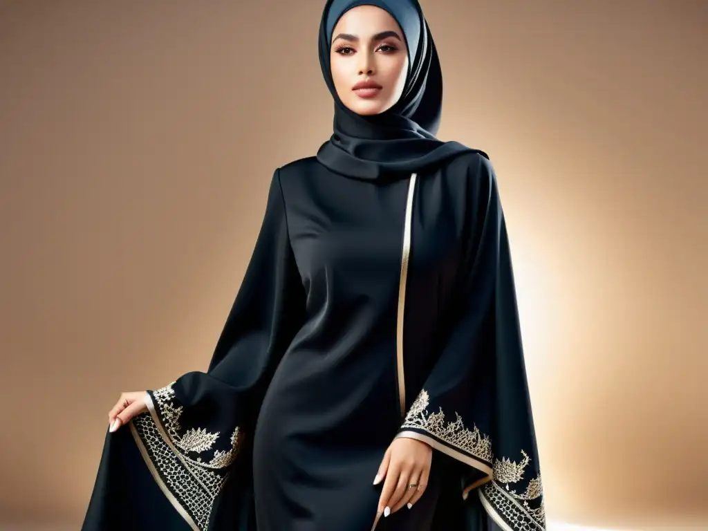 Una mujer musulmana moderna camina con elegancia en un abaya de alta calidad, destacando la fusión de la moda contemporánea y la modestia islámica