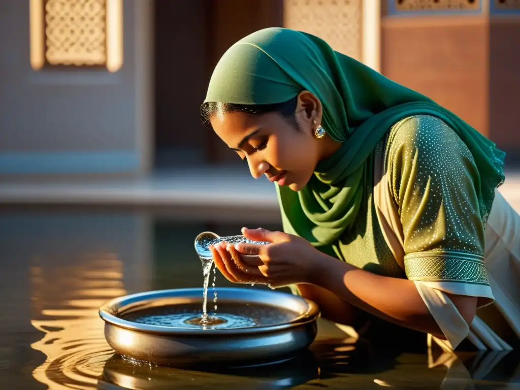 Una mujer musulmana realiza el ritual de lavado conocido como wudu en una mezquita, reflejando calma y devoción