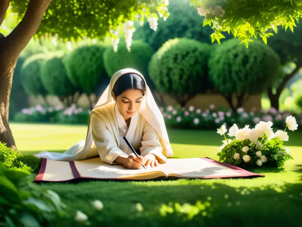 Una mujer en ropa islámica en un jardín sereno, lista para escribir poesía que captura la importancia de la voz femenina en la poesía islámica