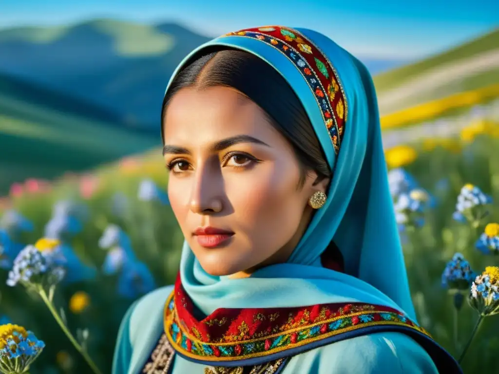 Una mujer tártara tradicional destaca entre flores silvestres y colinas, irradiando fuerza y orgullo en su mirada