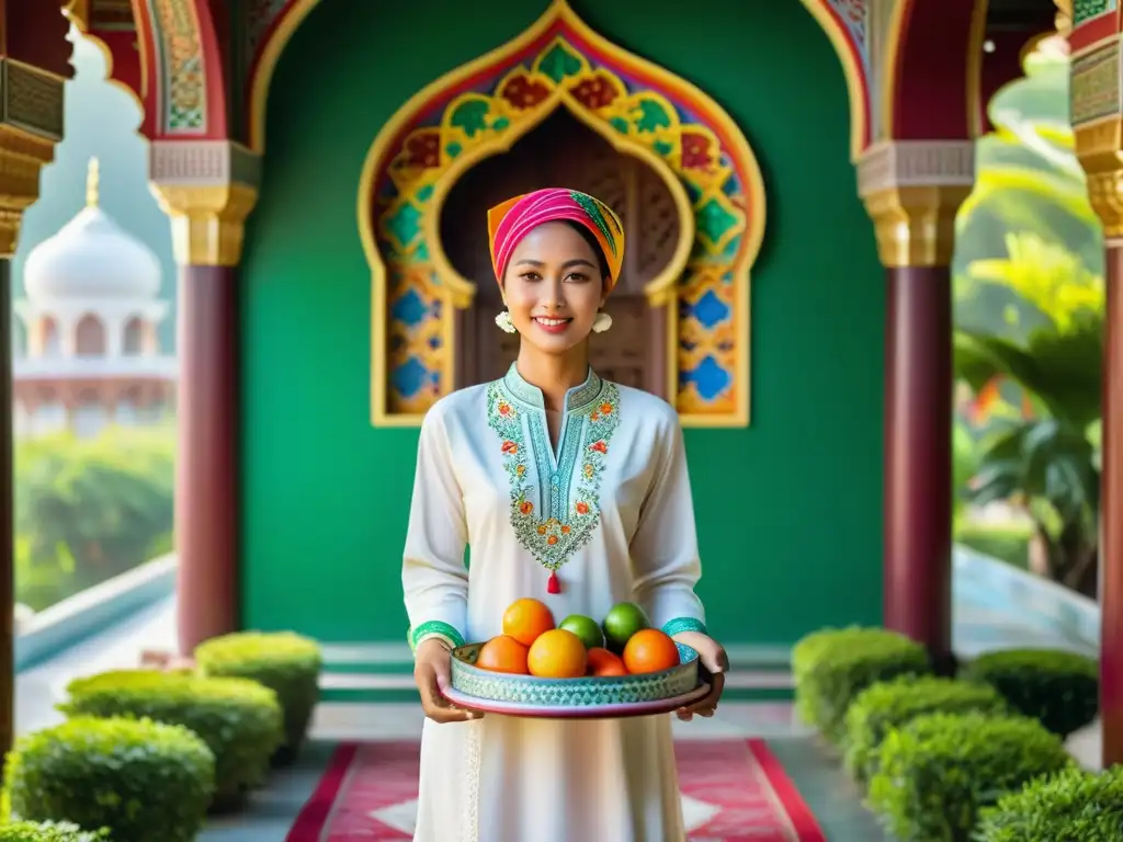 Una mujer Cham viste un tradicional Ao Ba Ba y turbante colorido, sosteniendo ofrendas islámicas frente a una mezquita decorada