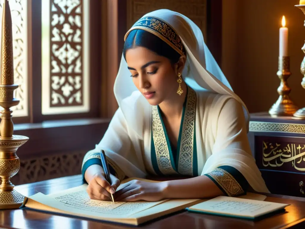 Una mujer velada escribe poesía en un elegante escritorio con caligrafía árabe, reflejando el rol de las mujeres en la cultura islámica