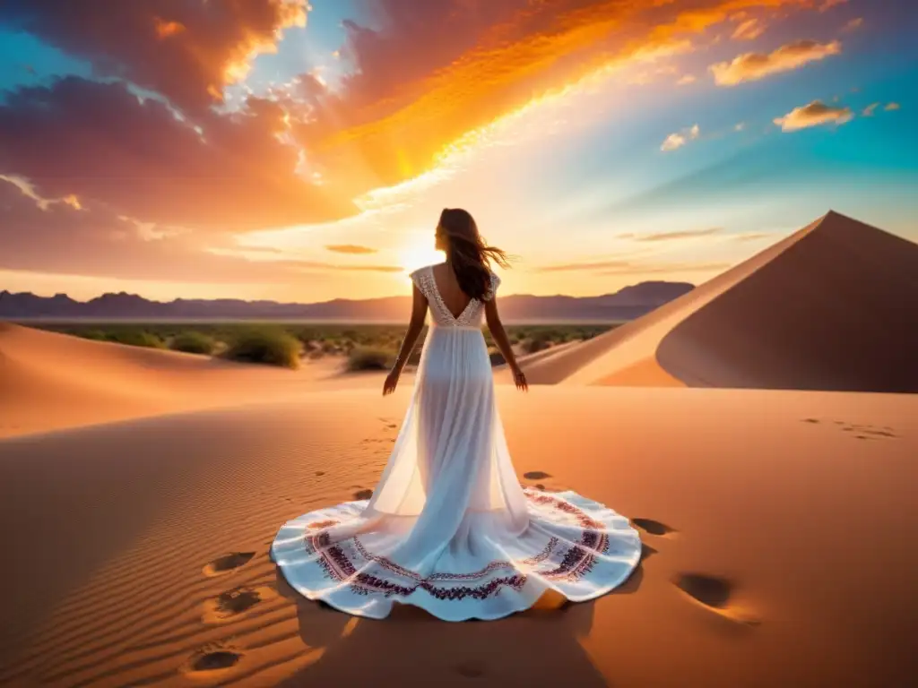 Una mujer en un vestido blanco fluye en el desierto al atardecer, creando un ambiente de paz y serenidad