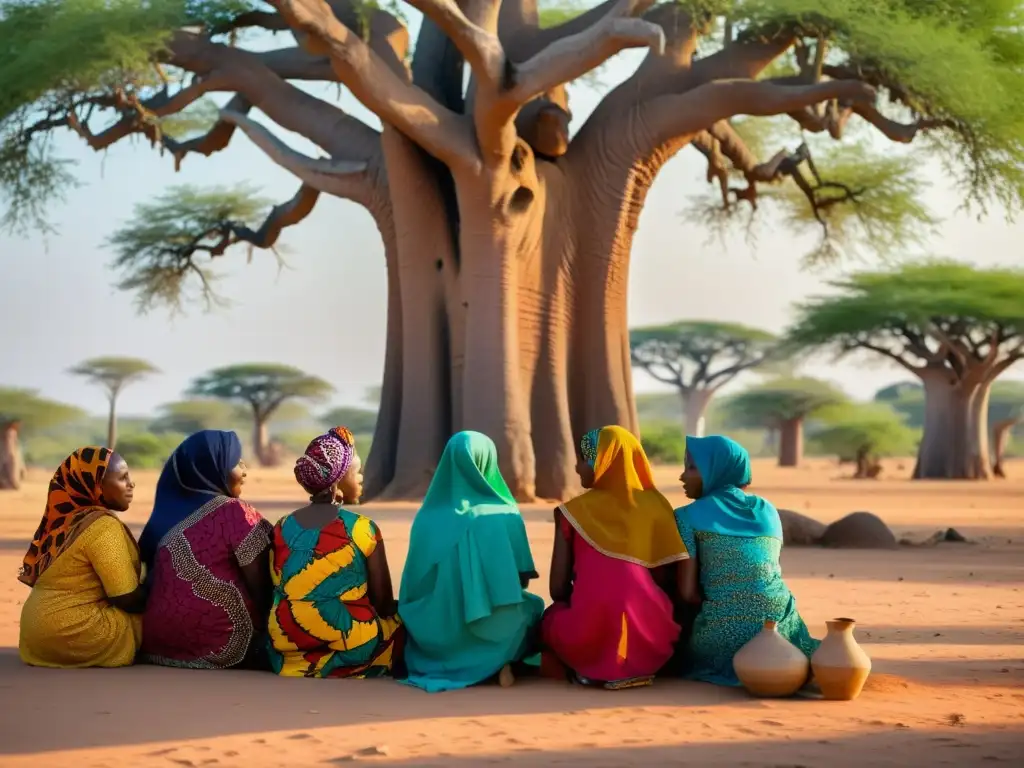 Mujeres africanas musulmanas conversan bajo un baobab, reflejando el rol de la mujer en el Islam africano