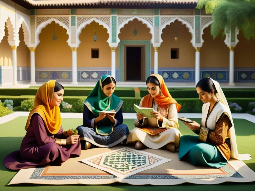 Mujeres en el arte islámico: Grupo de mujeres pintando miniaturas en un patio tranquilo con mosaicos y jardines exuberantes