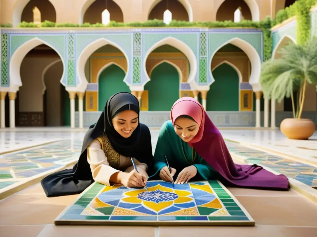 Mujeres en el arte islámico: Grupo de mujeres pintando azulejos en un patio soleado, rodeadas de arquitectura islámica y exuberante vegetación