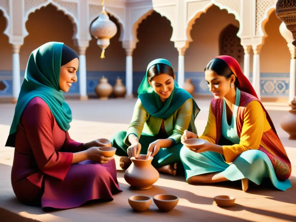 Mujeres en el arte islámico: Grupo de mujeres creando cerámica y textiles en un patio bellamente decorado, envueltas en una cálida luz