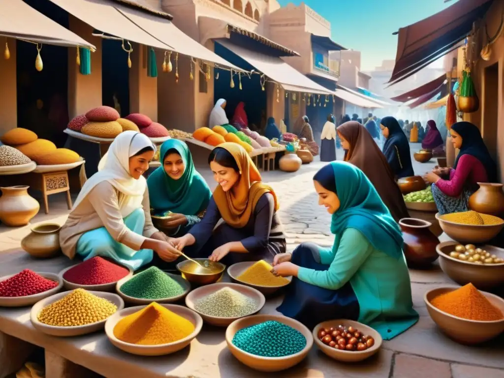 Mujeres en el arte islámico: Mercado bullicioso con artistas y artesanas, creando textiles, cerámica y joyería, en una ciudad tradicional islámica