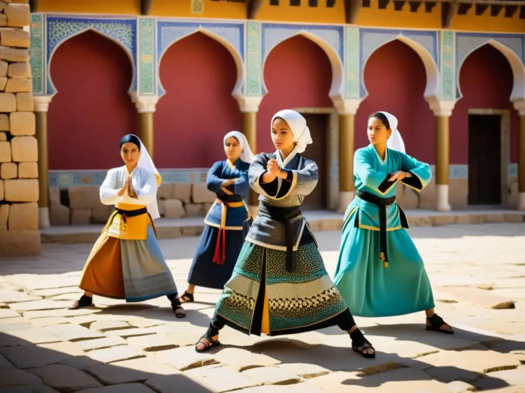 Mujeres en artes marciales islámicas practican con elegancia y determinación en un patio soleado de piedra y azulejos