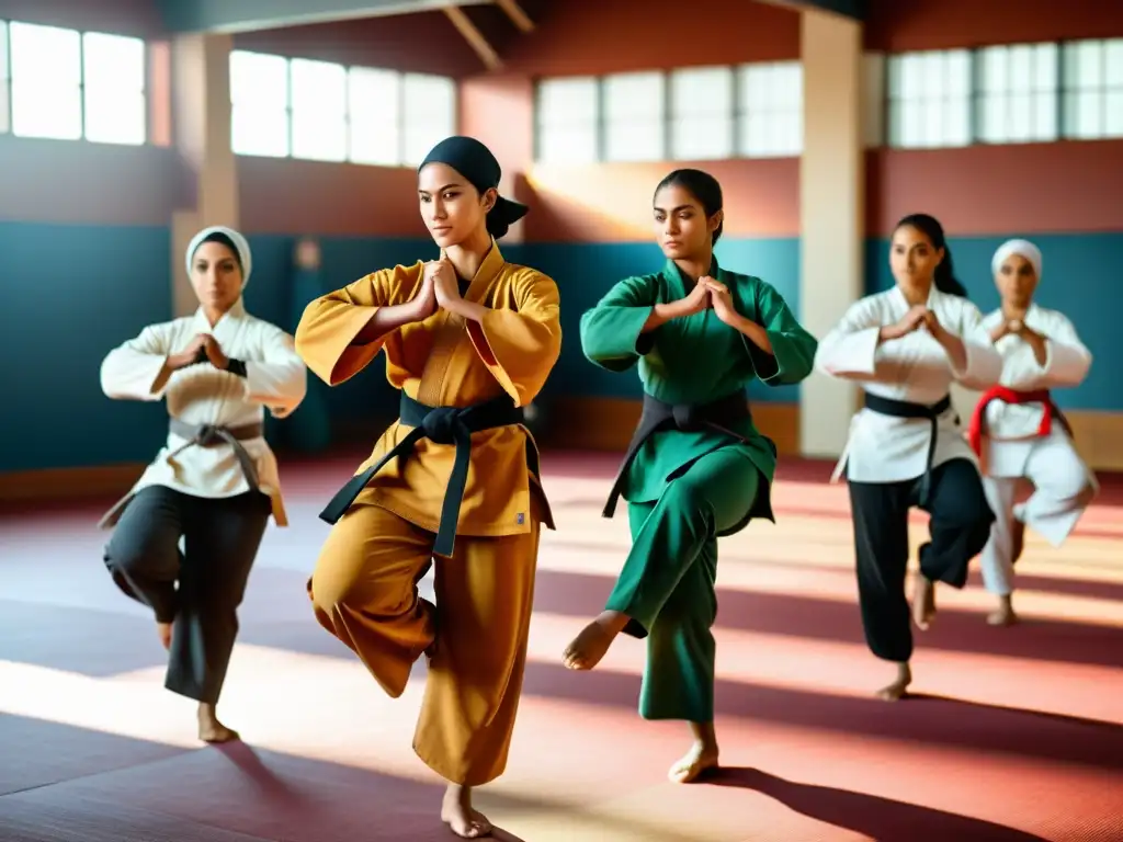 Mujeres en artes marciales islámicas demostrando fuerza y gracia en un gimnasio iluminado por el sol, irradiando empoderamiento y unión