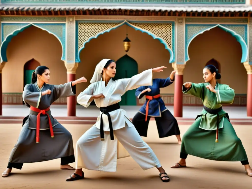 Mujeres en artes marciales islámicas practicando con determinación y unión, rodeadas de arquitectura tradicional islámica