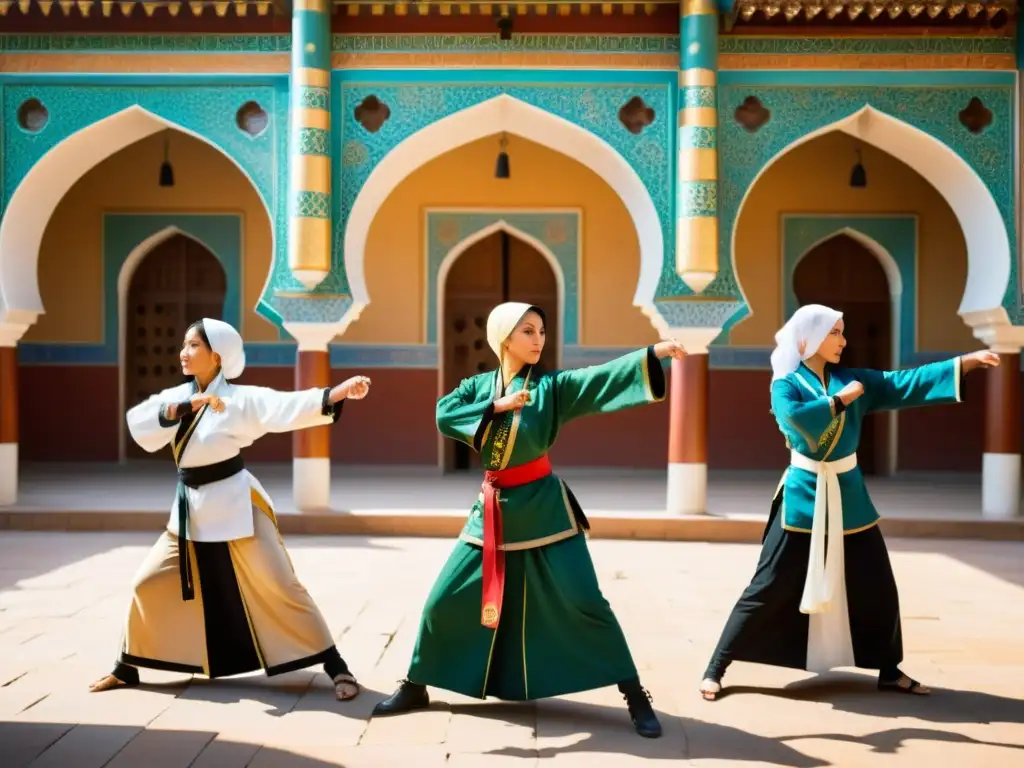 Mujeres en artes marciales islámicas practicando poses en un patio soleado con paredes de mosaico y puertas arqueadas