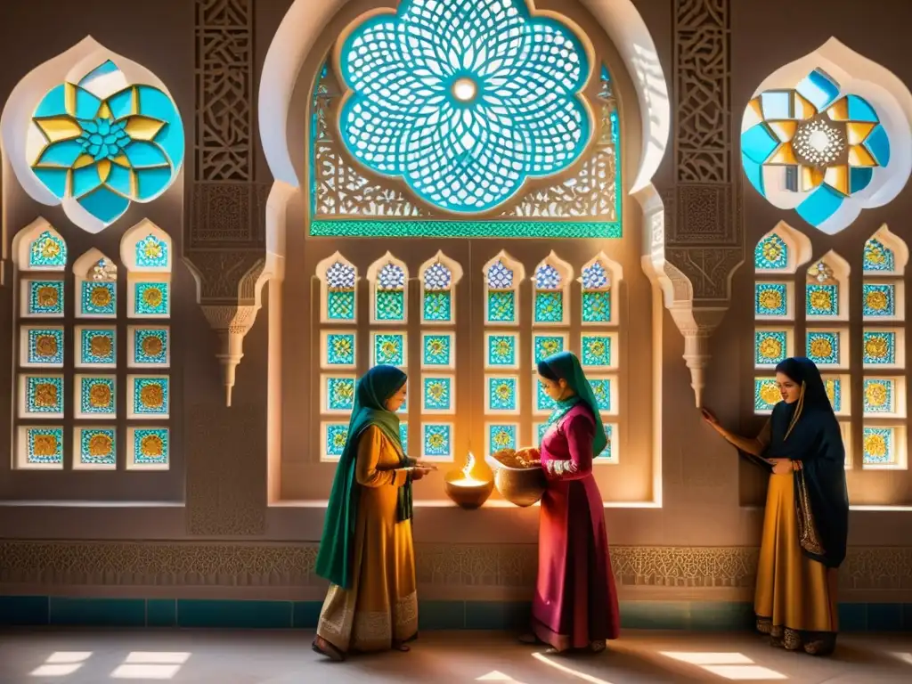 Mujeres artesanas tallando patrones en una mezquita islámica, resaltando la importancia de las mujeres en el arte y la arquitectura islámica