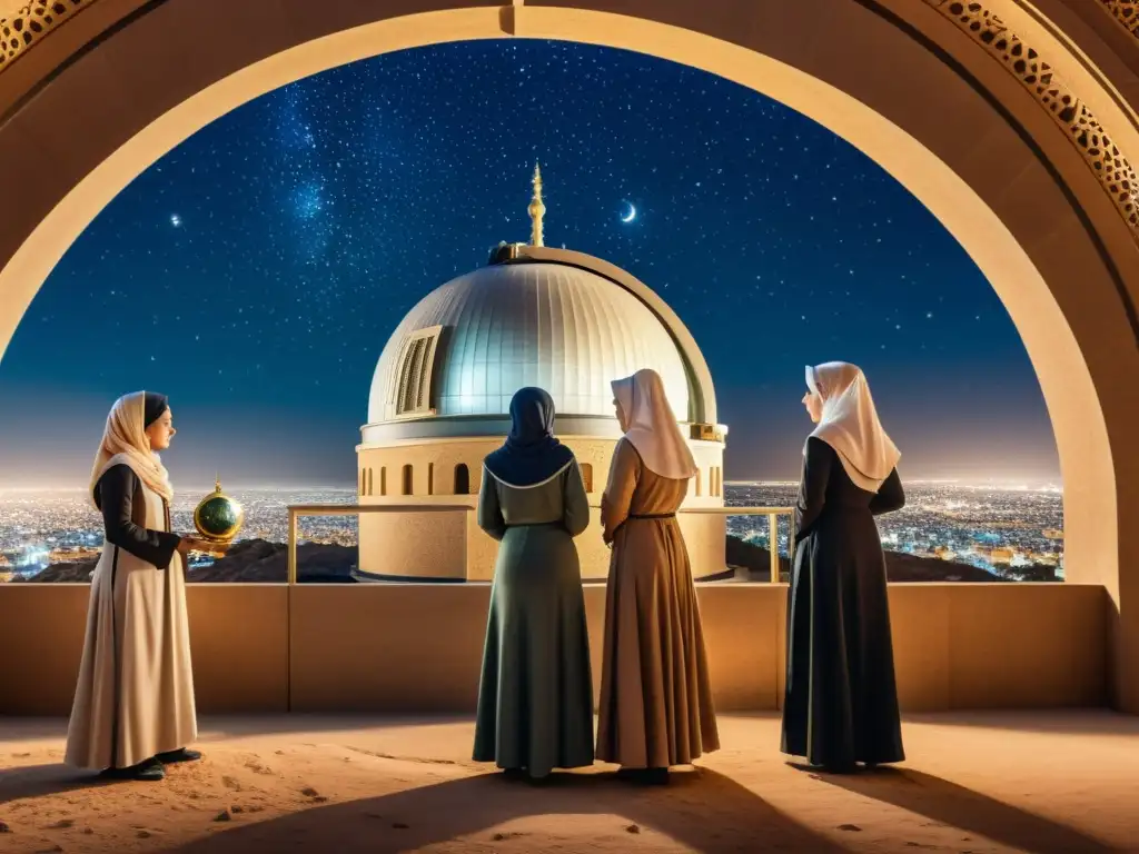 Mujeres en la astronomía musulmana: Grupo de astrónomas en observatorio histórico estudiando el cielo estrellado con astrolabios y globos celestes