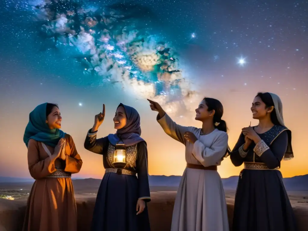 Mujeres en la astronomía musulmana: Grupo de astrónomas en atuendo tradicional islámico, maravilladas observando el cielo estrellado