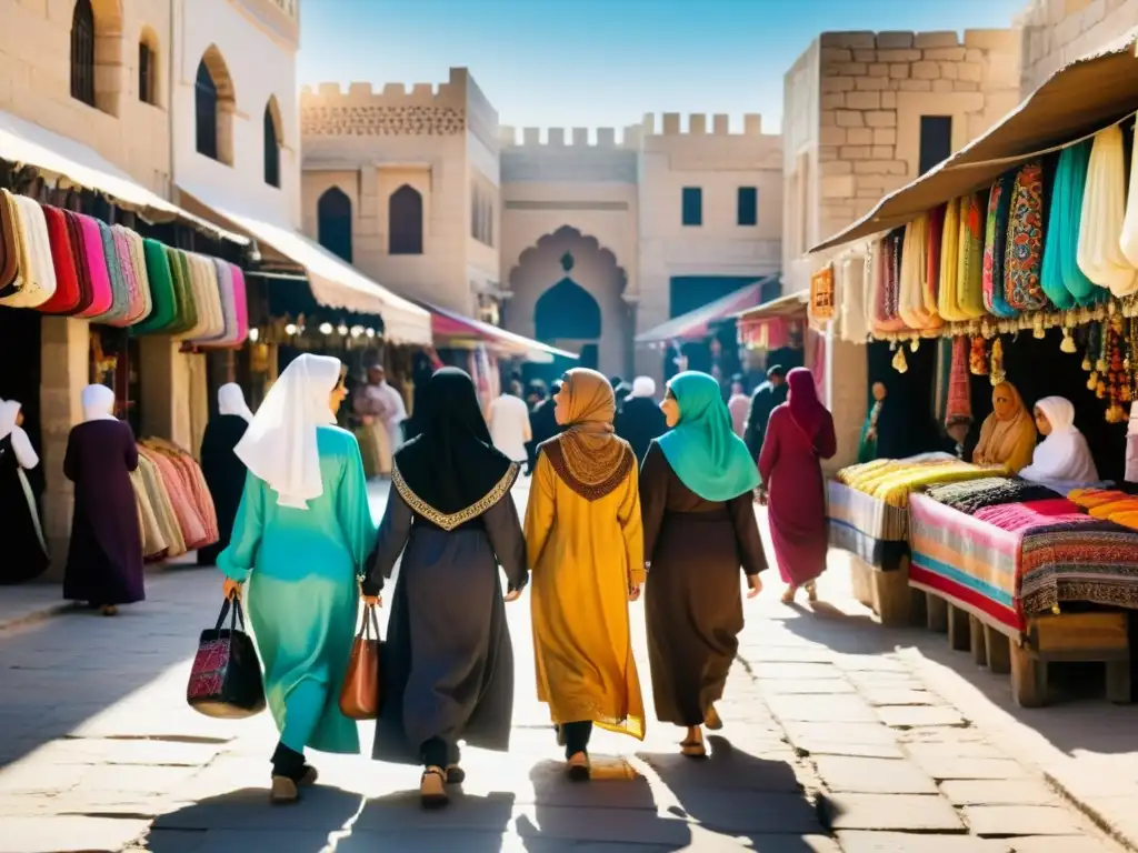 Mujeres con atuendos distintivos en un bullicioso mercado, reflejando la estructura social islámica