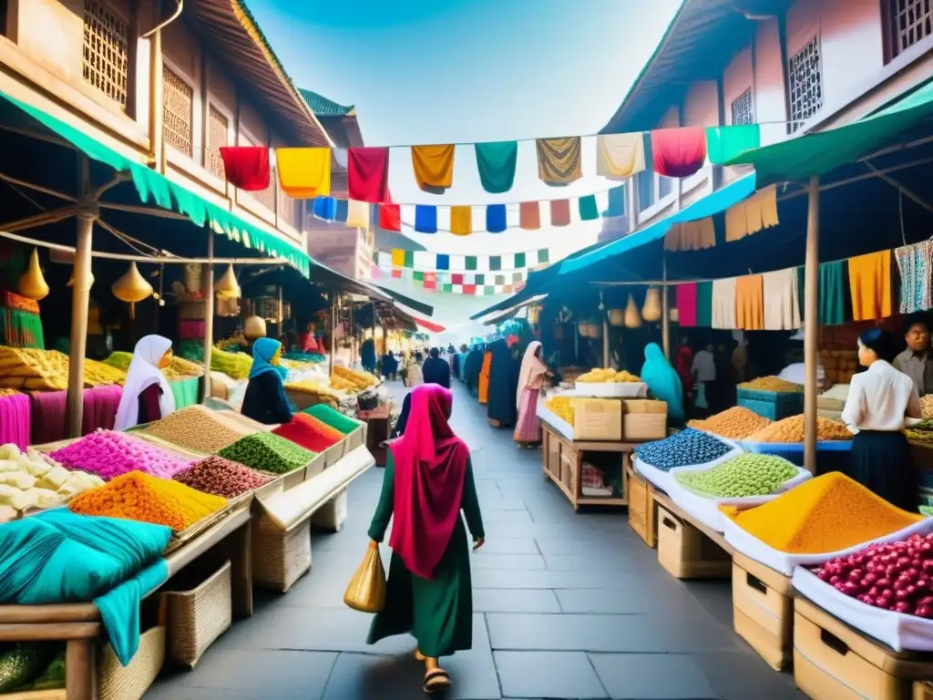 Mujeres en un bullicioso mercado del sudeste asiático, vistiendo coloridos hiyabs y ropa tradicional, comerciando y creando un ambiente vibrante