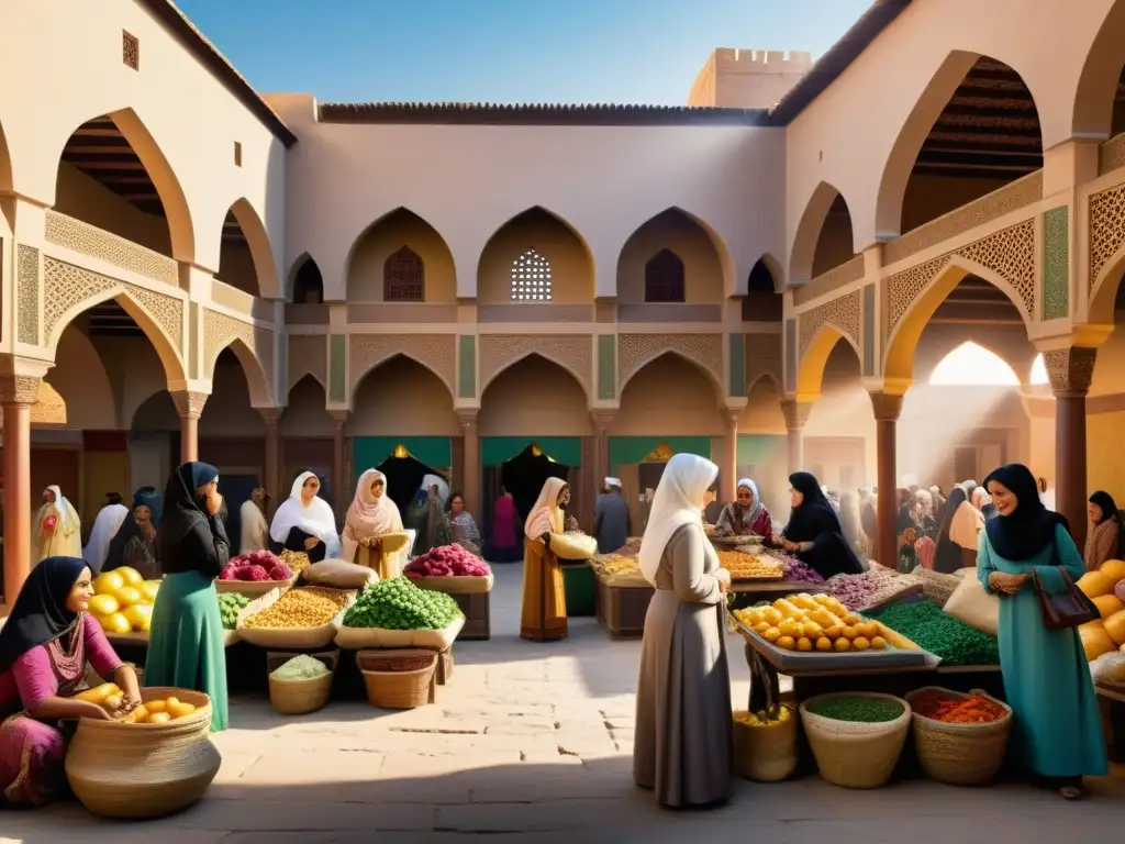 Mujeres participando en los Califatos Islámicos, en un bullicioso mercado con comercio, educación y actividades sociales, destacando su diversidad y dinamismo