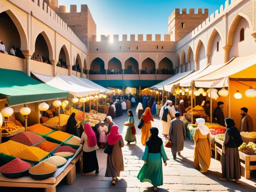 Mujeres en los Califatos Islámicos: Mercado bullicioso con mujeres comerciando, socializando y cuidando a sus familias en un califato medieval