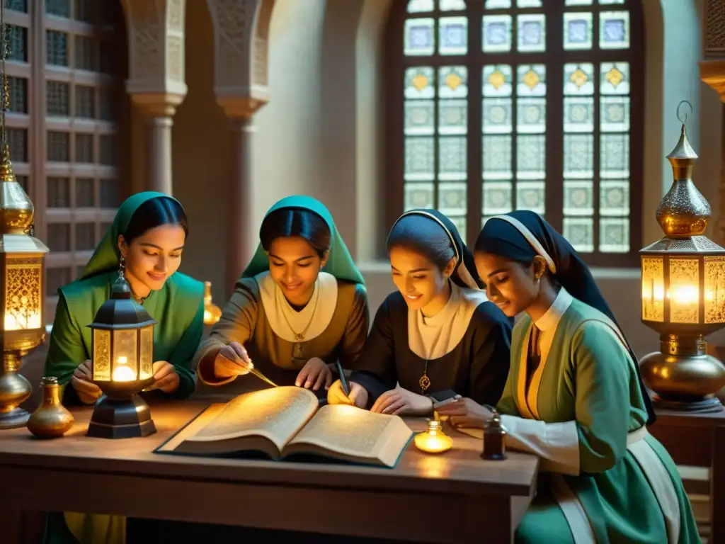 Mujeres en la ciencia islámica realizando experimentos en laboratorio histórico y ornamental con determinación y pasión