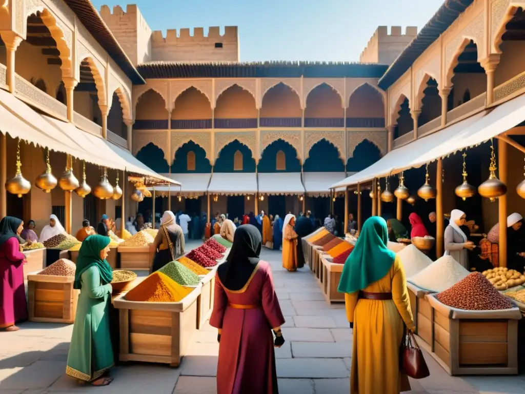 Mujeres científicas en la edad de oro del Islam vendiendo especias y textiles en un bullicioso mercado medieval