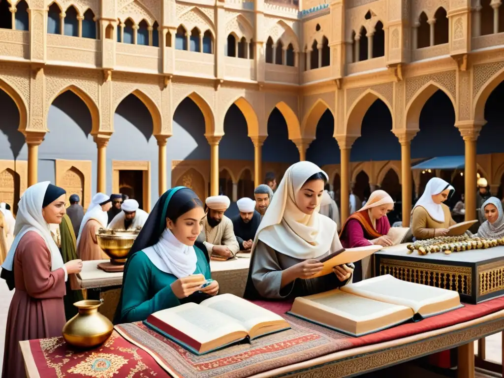 Mujeres científicas en la edad de oro del Islam: bullicioso mercado medieval con estudiosas debatiendo, experimentando y estudiando manuscritos