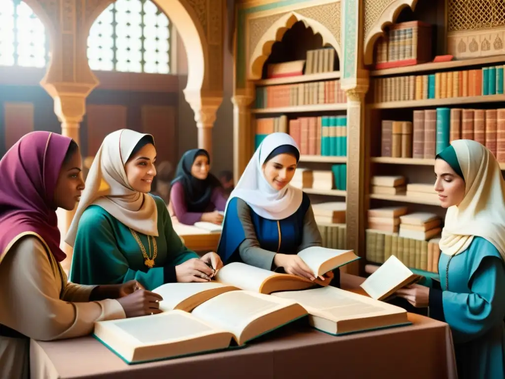 Mujeres científicas en la edad de oro del Islam: ilustración de mercado medieval islámico con eruditas enseñando y debatiendo entre libros y herramientas científicas