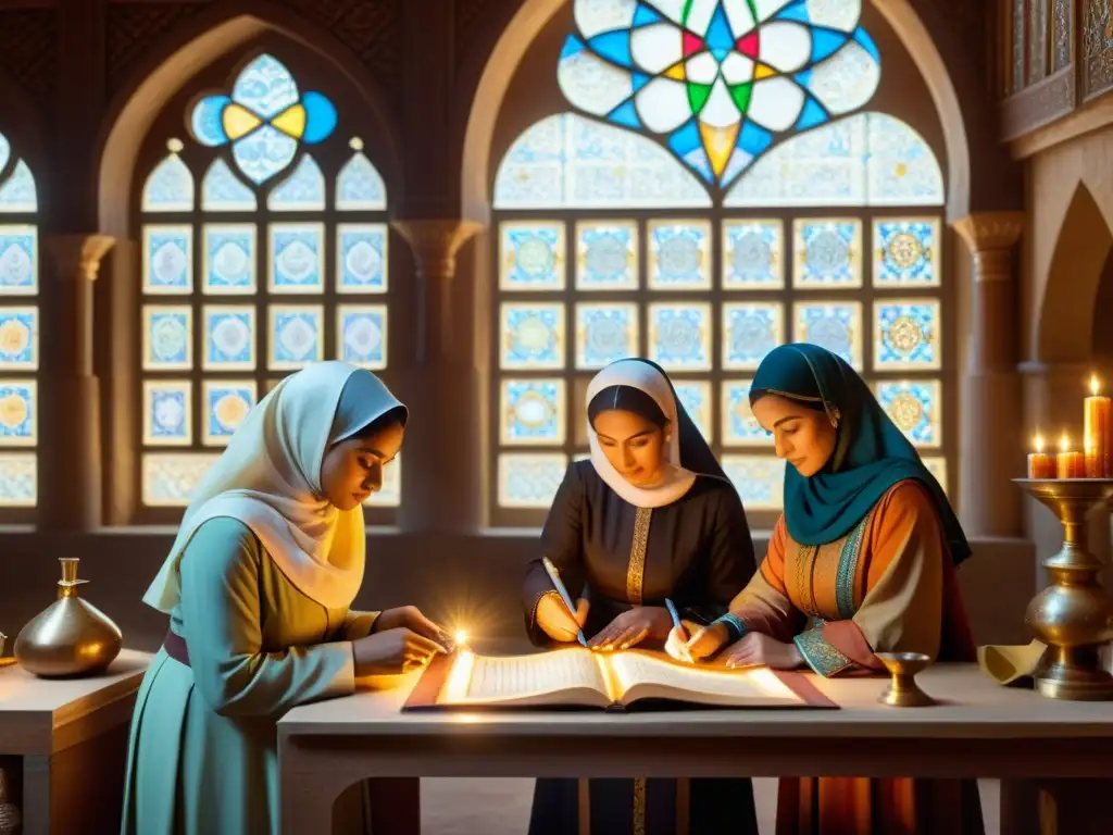 Mujeres científicas en la edad de oro del Islam realizando experimentos en laboratorio medieval islámico, rodeadas de instrumentos y manuscritos