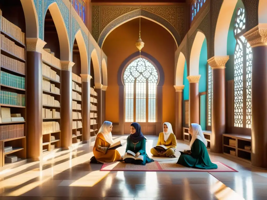 Mujeres científicas en la historia islámica discuten en una biblioteca ornada con manuscritos antiguos y un ambiente de descubrimiento intelectual