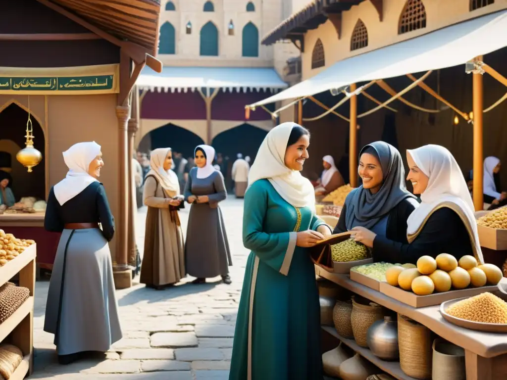 Mujeres científicas en el mundo islámico participando en discusiones intelectuales en un bullicioso mercado medieval islámico