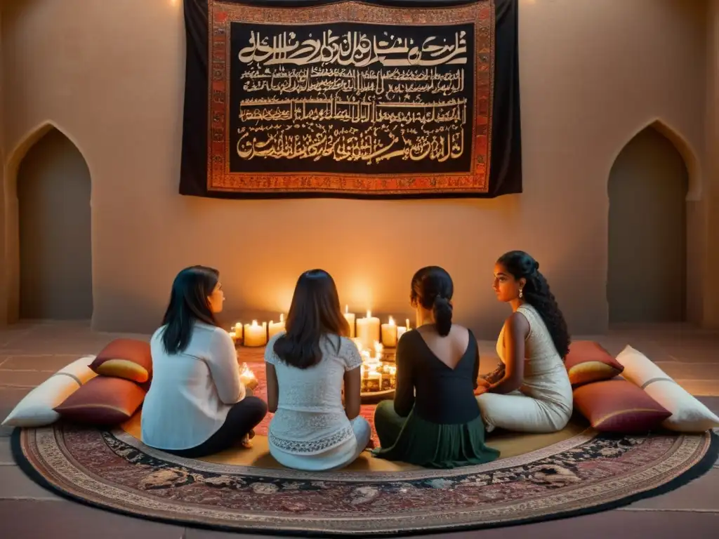 Mujeres en círculo discutiendo poesía sufí, rodeadas de libros antiguos en una sala iluminada por velas