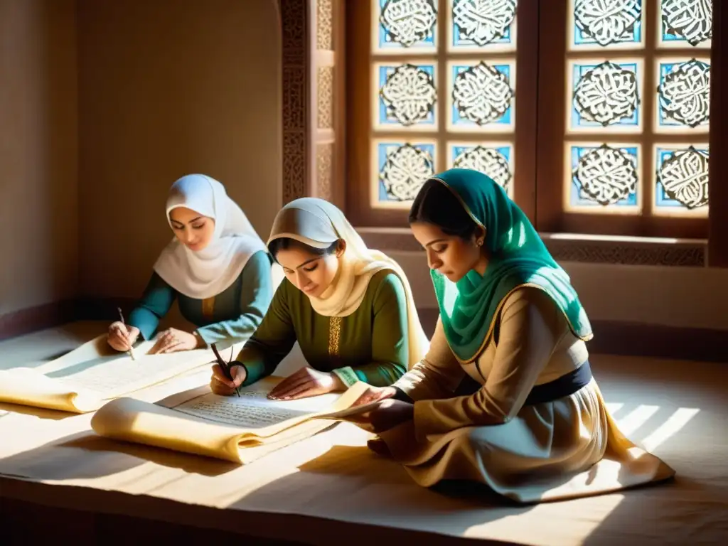 Mujeres preservación conocimiento islámico: Grupo de mujeres transcribiendo textos antiguos con caligrafía en una habitación ornamentada y cálidamente iluminada