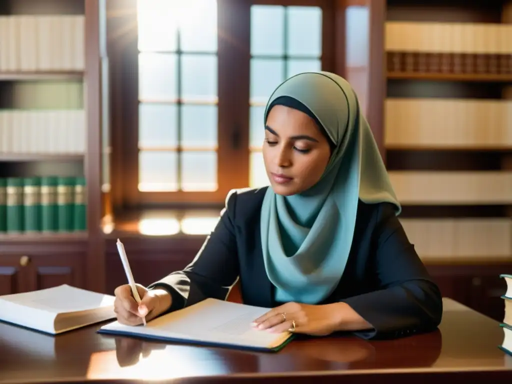 Dos mujeres firmando documentos legales con determinación, rodeadas de libros de leyes