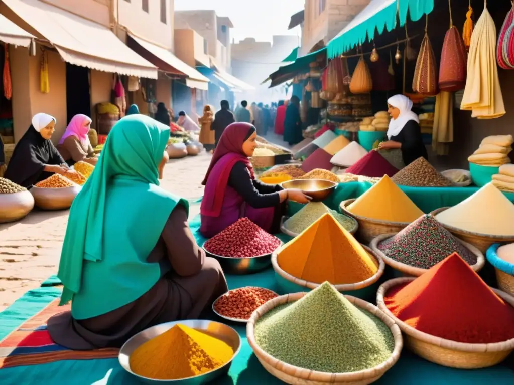 Mujeres participando en la economía en un bullicioso mercado islámico, con colores vibrantes y actividades comerciales