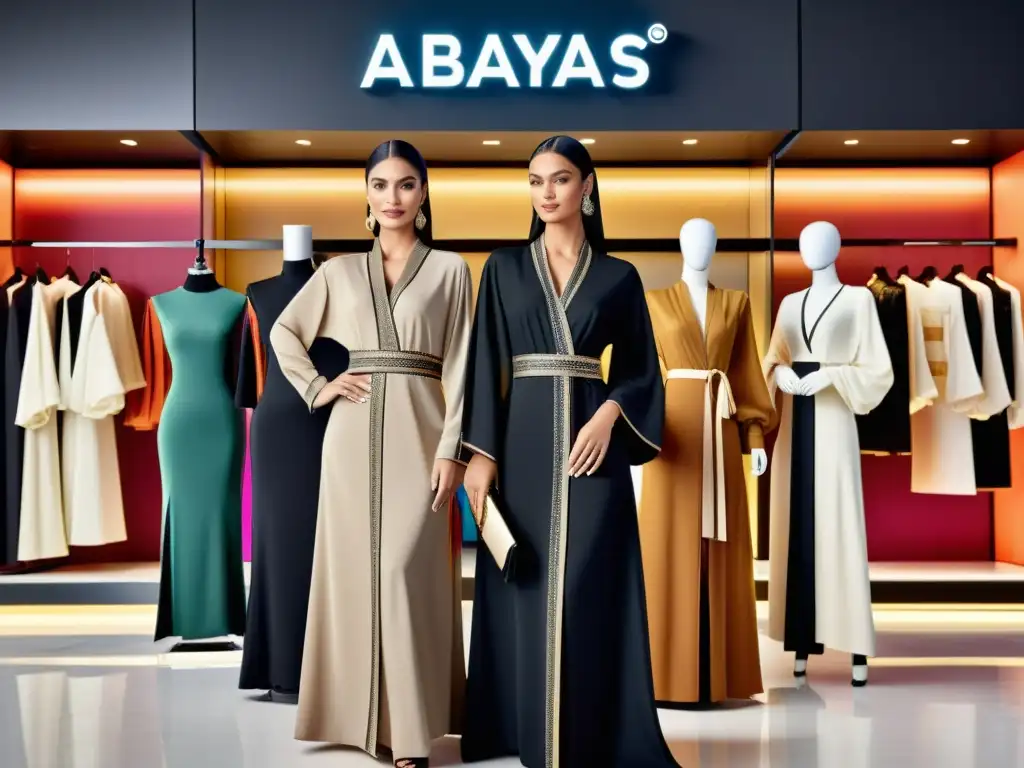 Mujeres elegantes lucen abayas modernas en tienda virtual de moda islámica