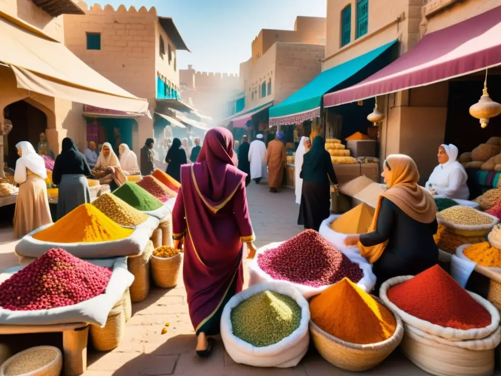 Mujeres empoderadas en un bullicioso mercado del Medio Oriente desafiando estereotipos y promoviendo los Derechos de las mujeres en el Islam