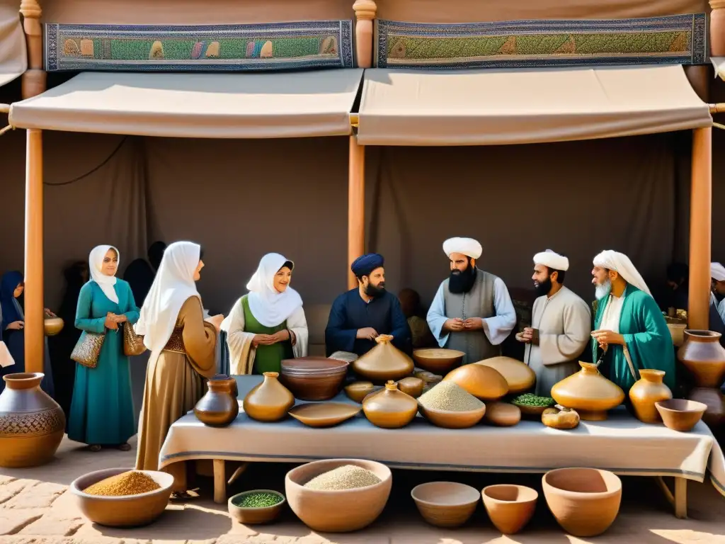 Mujeres influyentes en el Islam debaten y negocian en un bullicioso mercado del califato islámico, mostrando su empoderamiento político