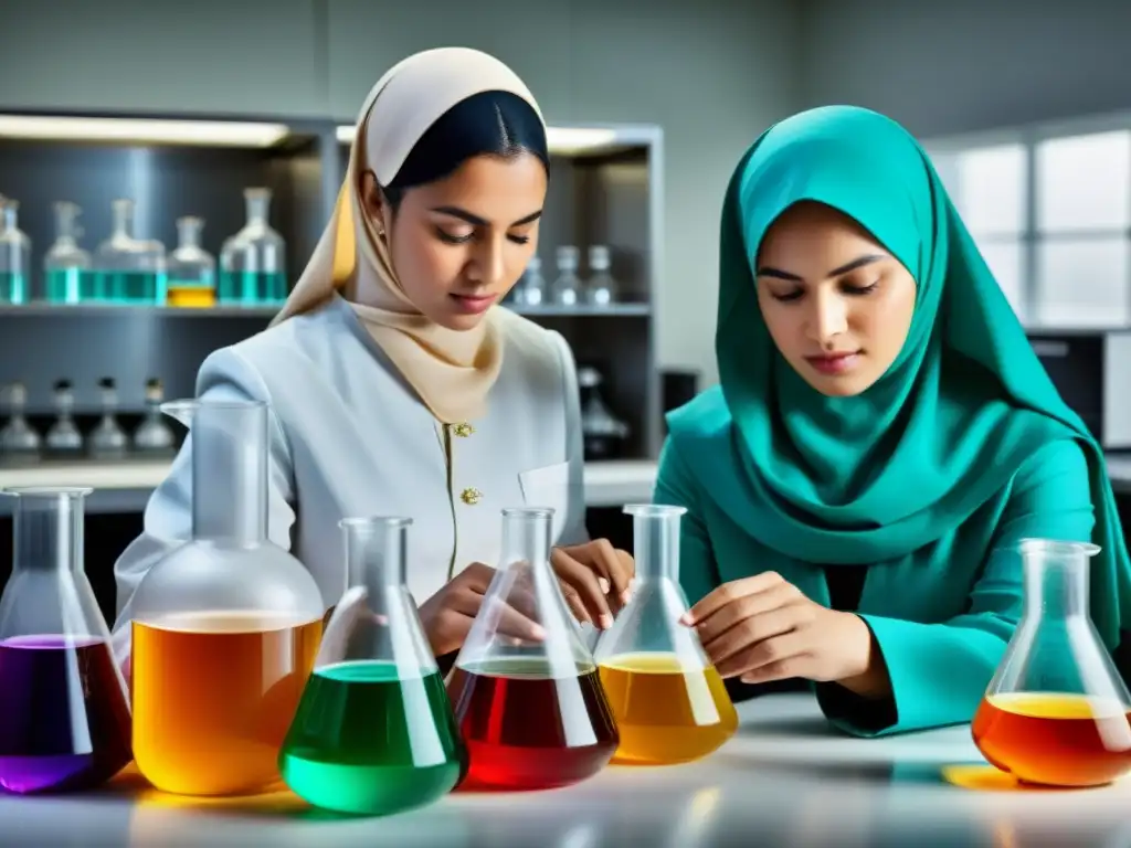 Mujeres química islámica realizan experimentos en moderno laboratorio, mostrando su habilidad y determinación