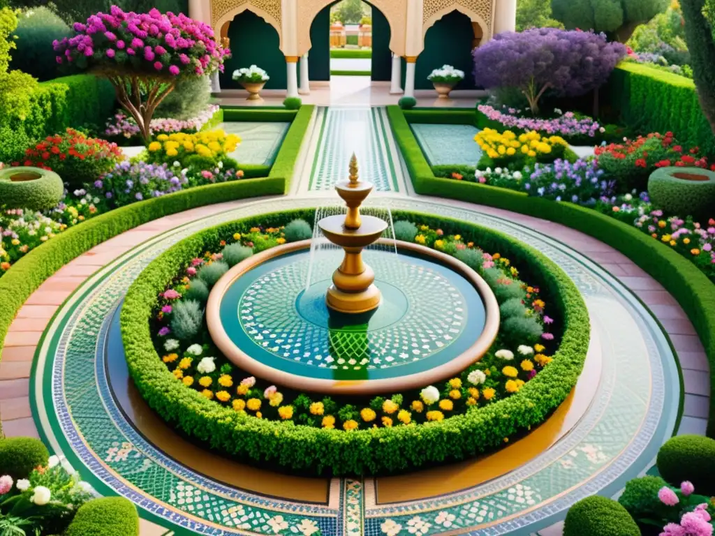 Mujeres en la botánica islámica: Un exuberante jardín botánico islámico, con flores vibrantes y una atmósfera serena bajo el sol filtrado