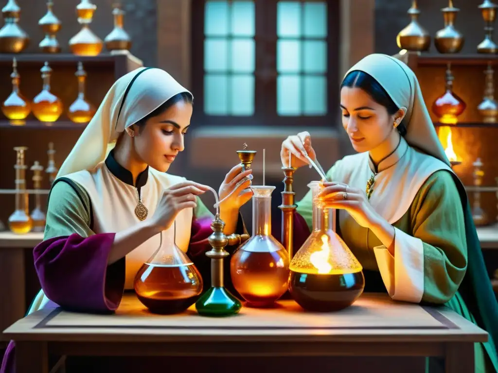 Mujeres química islámica: Figuras históricas realizan experimentos en un laboratorio medieval, rodeadas de instrumentos y líquidos vibrantes