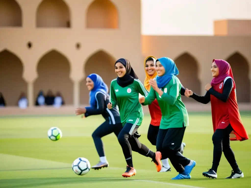 Mujeres islámicas empoderadas disfrutan de un juego de fútbol, mostrando unidad y pasión deportiva