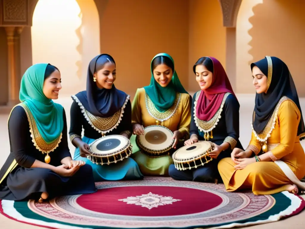 Mujeres en la música islámica tocando instrumentos tradicionales en círculo, iluminadas por luz cálida y envueltas en serena concentración