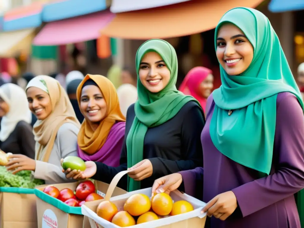 Mujeres musulmanas distribuyen ayuda en mercado, reflejando rol de las mujeres en filantropía islámica