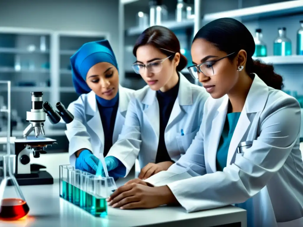 Mujeres musulmanas en la ciencia: Grupo diverso de científicas en un laboratorio moderno, trabajando con pasión y determinación