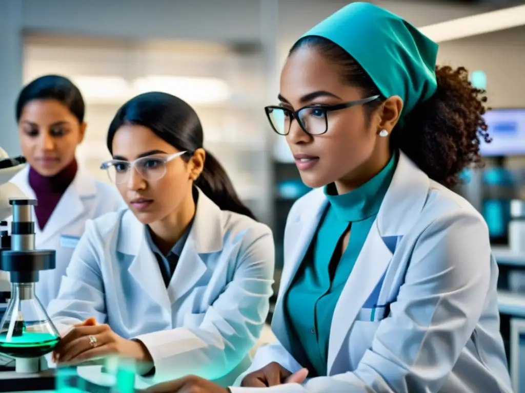 Mujeres musulmanas en la ciencia: Un grupo diverso de científicas en un laboratorio de vanguardia, colaborando con determinación y expertise