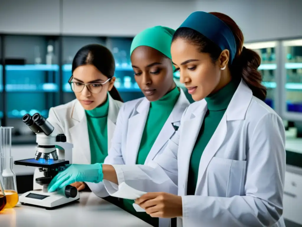 Mujeres musulmanas en la ciencia trabajando juntas en un laboratorio moderno, simbolizando su contribución significativa a la investigación científica