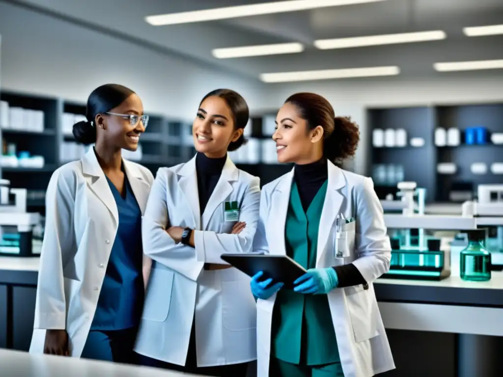 Mujeres musulmanas en la ciencia trabajando juntas en un laboratorio moderno y bien equipado, transmitiendo empoderamiento y colaboración