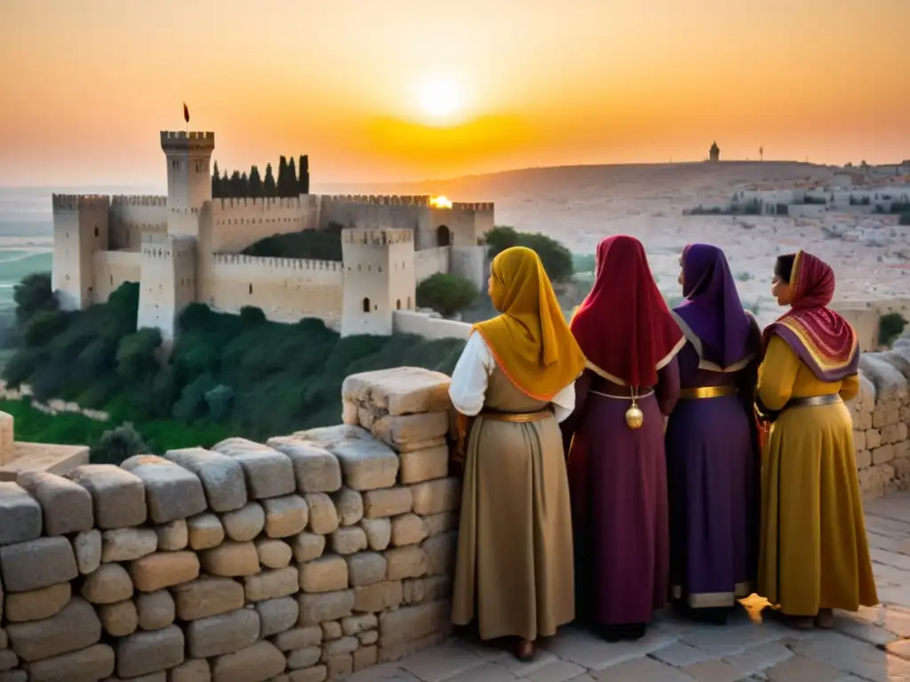 Mujeres musulmanas desafían a las cruzadas, mostrando papel de resistencia en una ciudad fortificada al atardecer