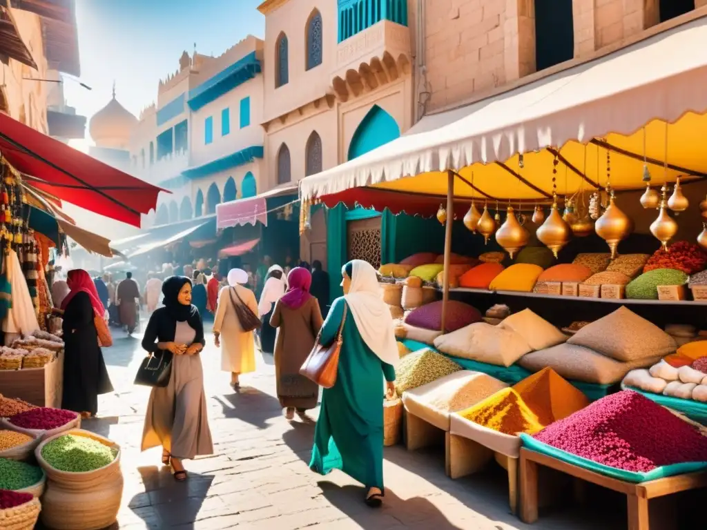 Mujeres musulmanas participando en la economía local en un bullicioso mercado de Oriente Medio, mostrando su vital papel en la participación económica mujer Islam