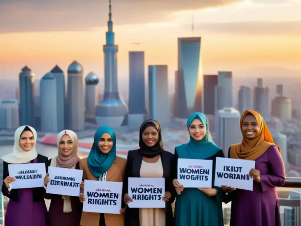 Mujeres musulmanas empoderadas defienden la igualdad, unidas en la ciudad con carteles inspiradores